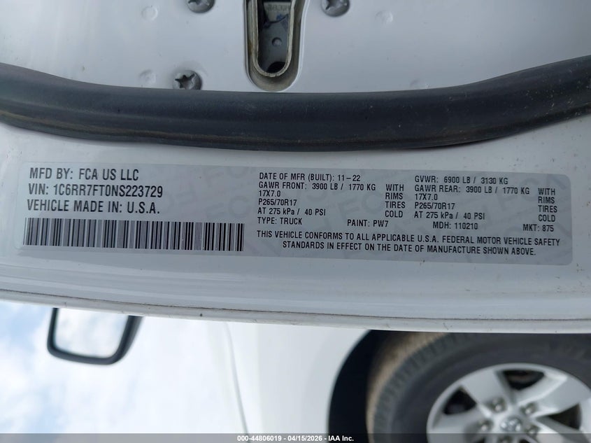 2022 Ram 1500 Classic Tradesman 4X4 6'4 Box VIN: 1C6RR7FT0NS223729 Lot: 44806019