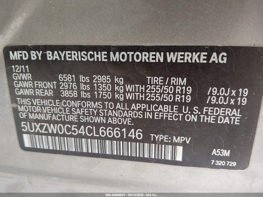 2012 BMW X5 xDrive35D VIN: 5UXZW0C54CL666146 Lot: 44806021