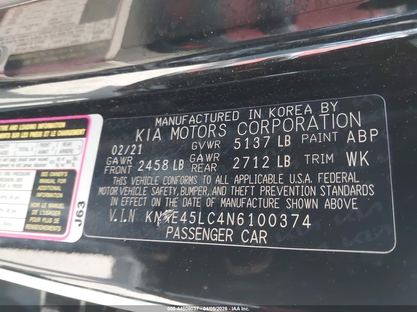 2022 Kia Stinger Gt1 VIN: KNAE45LC4N6100374 Lot: 44806037