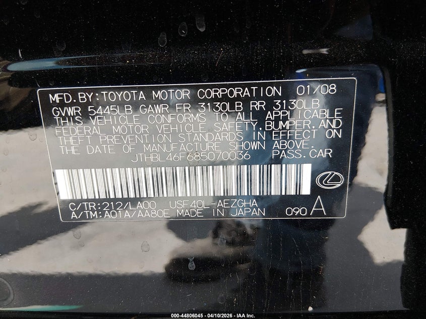 2008 Lexus Ls 460 VIN: JTHBL46F685070036 Lot: 44806045