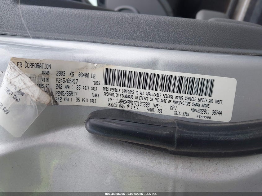 2006 Jeep Commander VIN: 1J8HG48N16C136398 Lot: 44806065