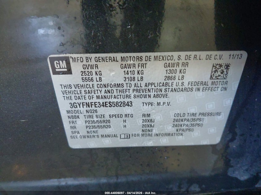 2014 Cadillac Srx Performance Collection VIN: 3GYFNFE34ES582843 Lot: 44806097