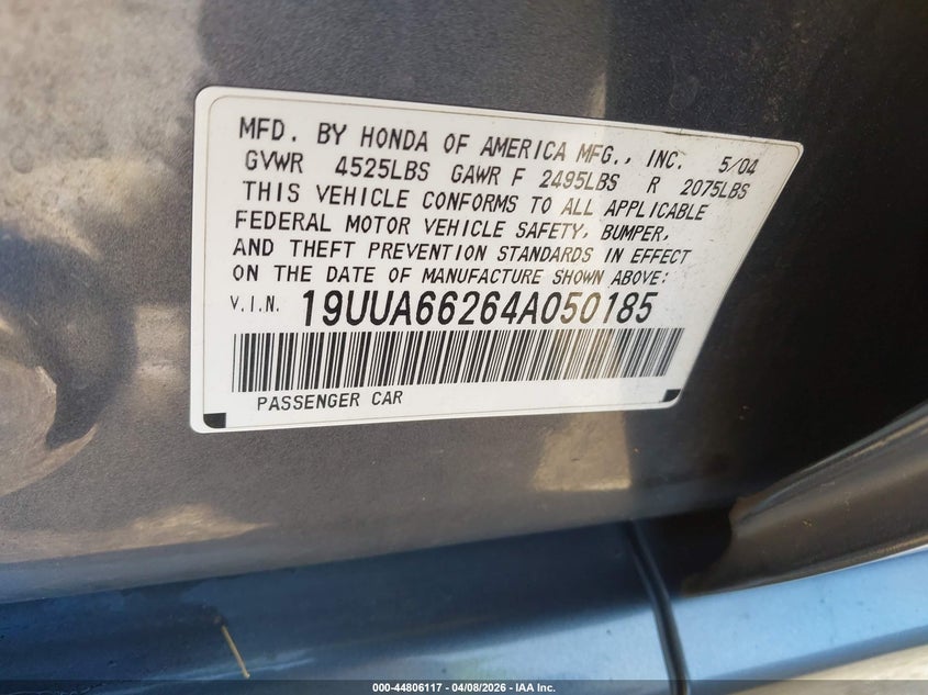 2004 Acura Tl VIN: 19UUA66264A050185 Lot: 44806117