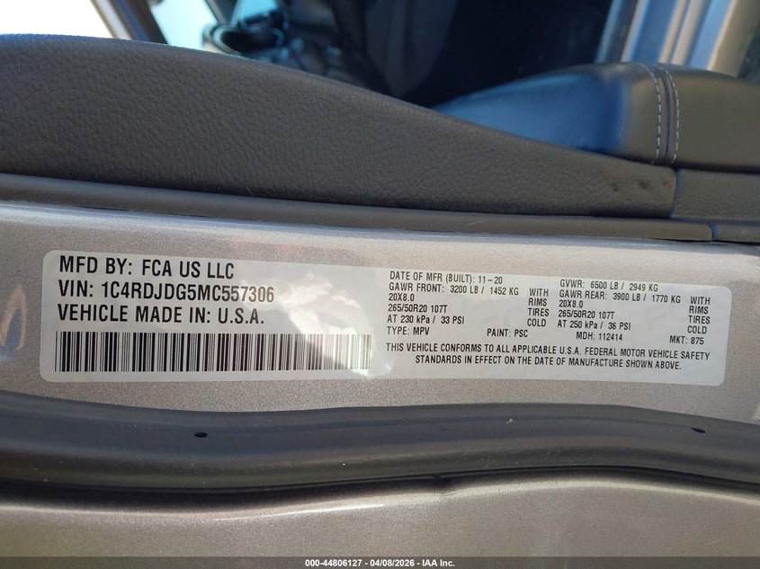 2021 Dodge Durango Gt Plus Awd VIN: 1C4RDJDG5MC557306 Lot: 44806127