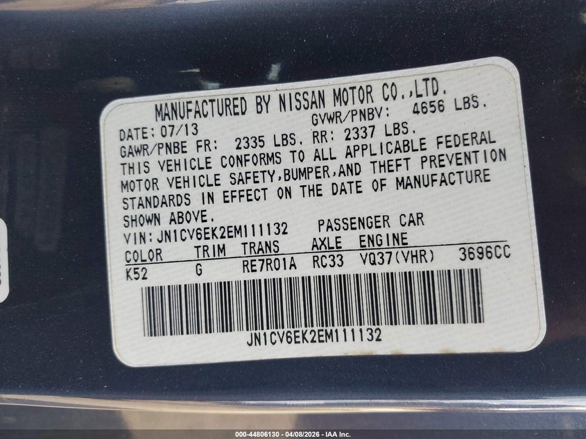 2014 Infiniti Q60 Journey VIN: JN1CV6EK2EM111132 Lot: 44806130