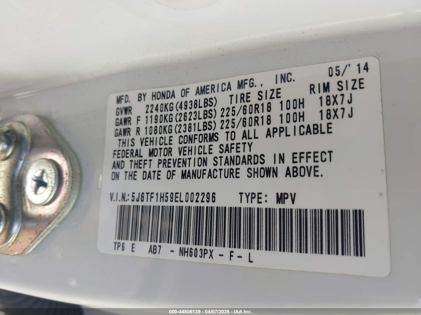 2014 Honda Crosstour Ex-L V6 VIN: 5J6TF1H59EL002296 Lot: 44806139