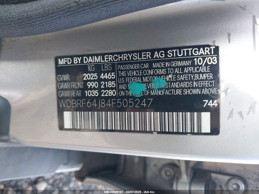 2004 Mercedes-Benz C 320 Sport VIN: WDBRF64J84F505247 Lot: 44806167