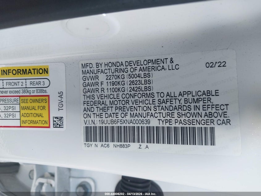 2022 Acura Tlx A-Spec Package VIN: 19UUB6F5XNA000639 Lot: 44806202