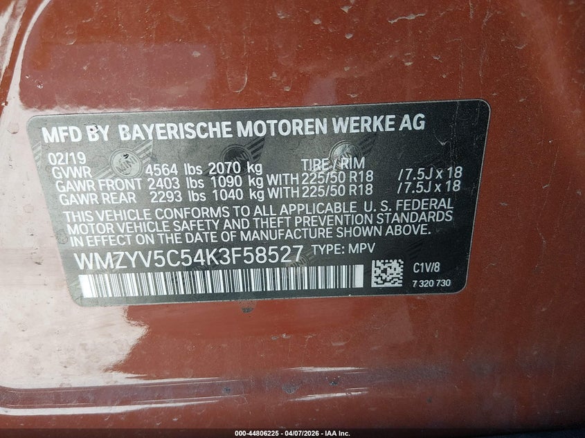 2019 Mini Countryman Cooper VIN: WMZYV5C54K3F58527 Lot: 44806225