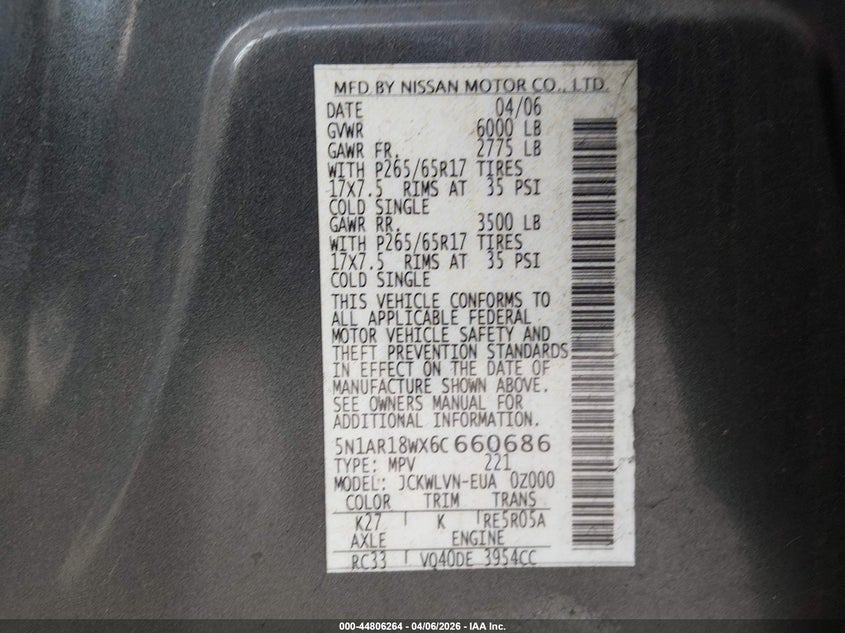 2006 Nissan Pathfinder Le VIN: 5N1AR18WX6C660686 Lot: 44806264