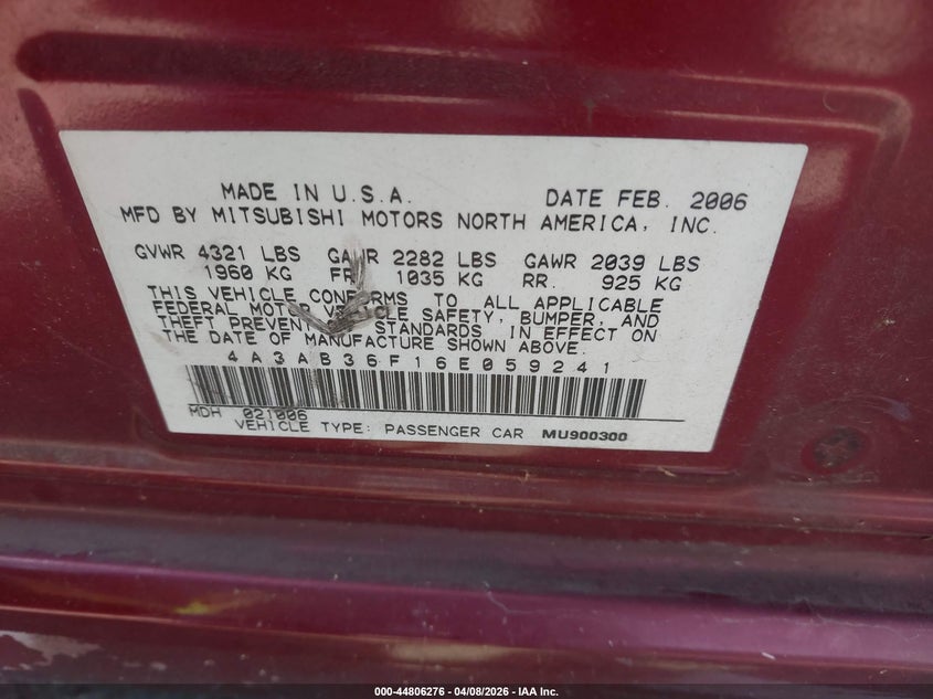 2006 Mitsubishi Galant Es/Se VIN: 4A3AB36F16E059241 Lot: 44806276