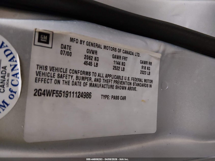 2001 Buick Regal Gs VIN: 2G4WF551911124986 Lot: 44806283