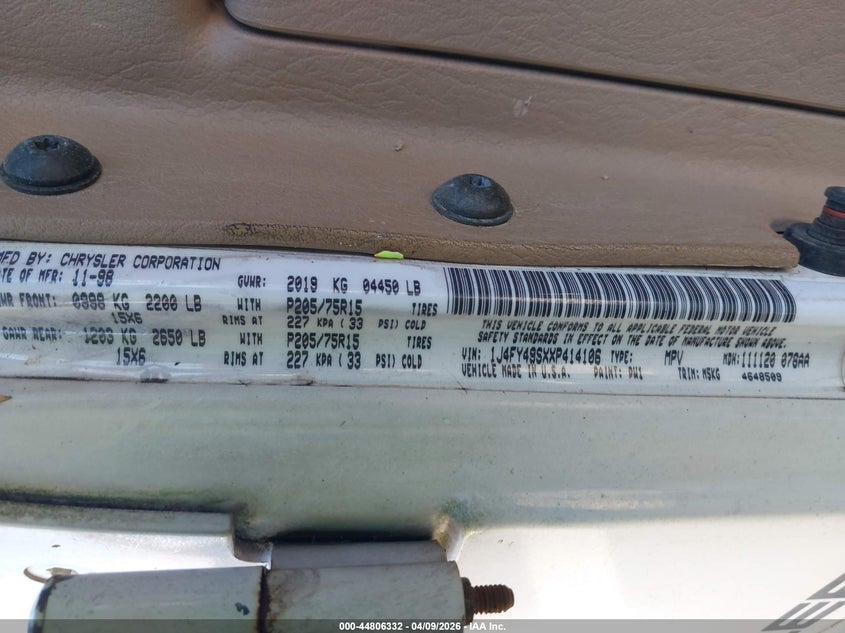 1999 Jeep Wrangler Sahara VIN: 1J4FY49SXXP414106 Lot: 44806332