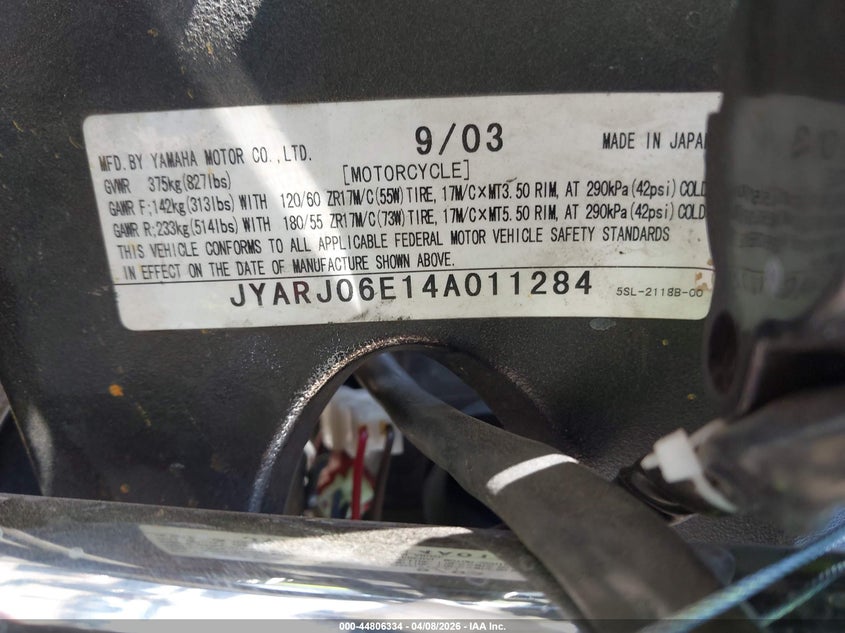 2004 Yamaha Yzfr6 L VIN: JYARJ06E14A011284 Lot: 44806334