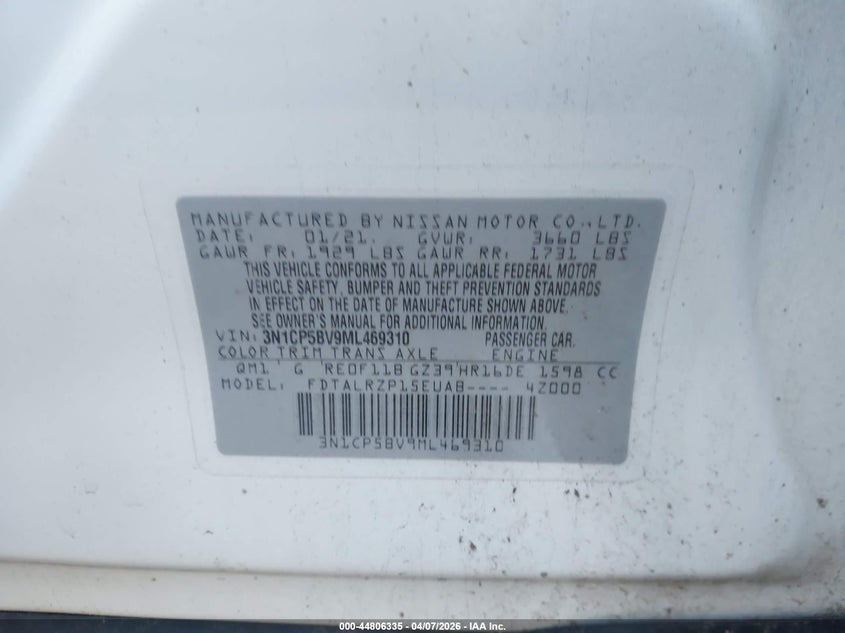 VIN 3N1CP5BV9ML469310 2021 NISSAN KICKS S XTRONIC CVT