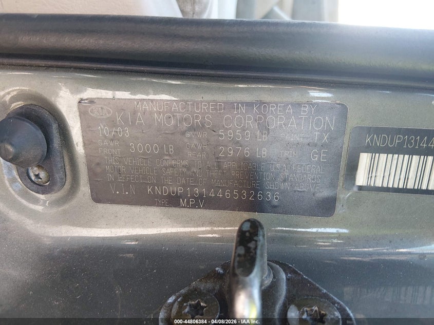 2004 Kia Sedona Ex/Lx VIN: KNDUP131446532636 Lot: 44806384