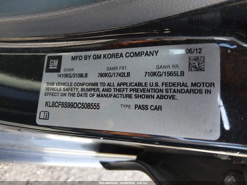 2013 Chevrolet Spark 2Lt Auto VIN: KL8CF6S99DC508555 Lot: 44806388