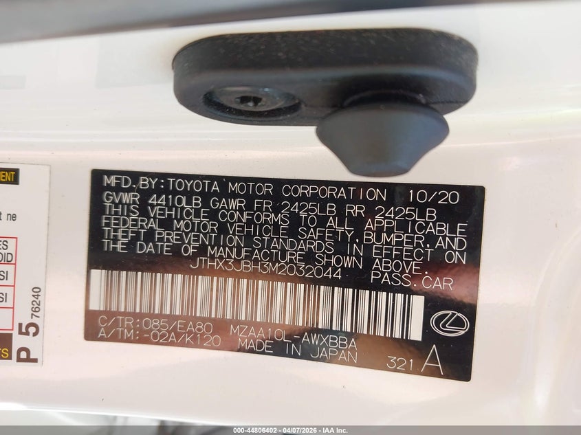 2021 Lexus Ux 200 VIN: JTHX3JBH3M2032044 Lot: 44806402