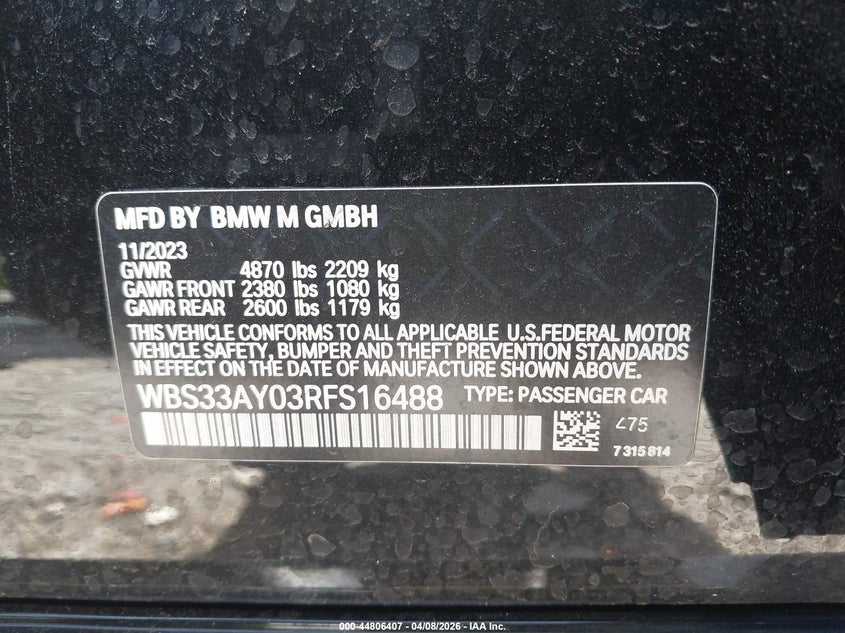 2024 BMW M3 Competition VIN: WBS33AY03RFS16488 Lot: 44806407