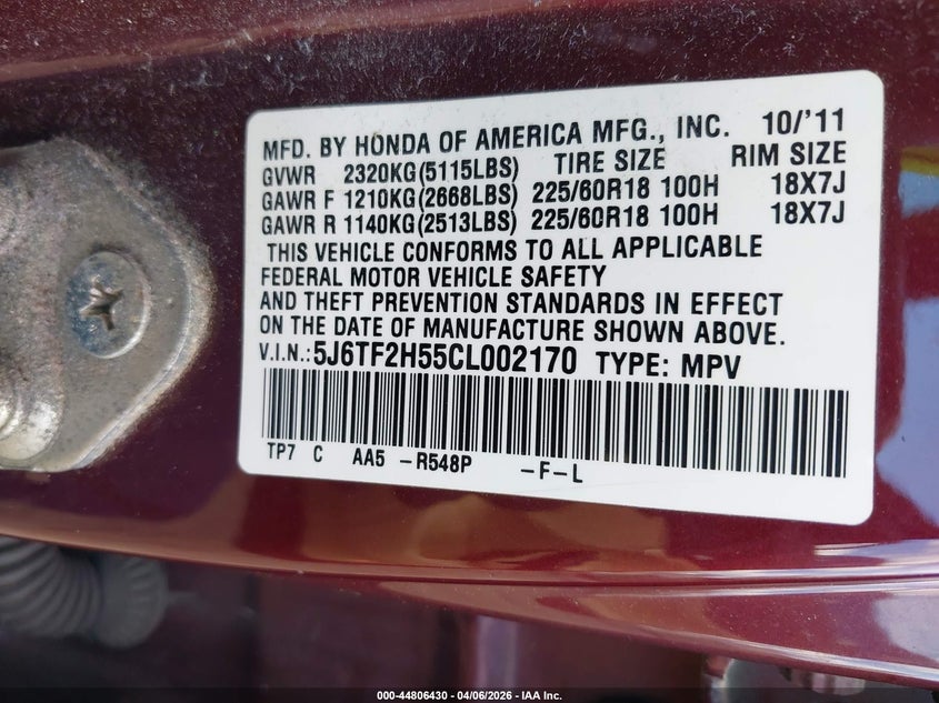 2012 Honda Crosstour Ex-L VIN: 5J6TF2H55CL002170 Lot: 44806430