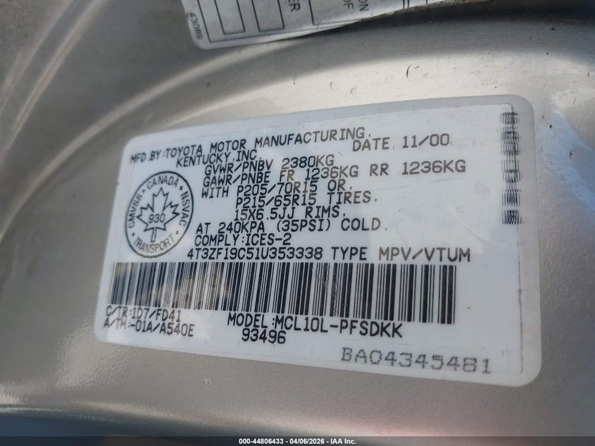 2001 Toyota Sienna Ce VIN: 4T3ZF19C51U353338 Lot: 44806433