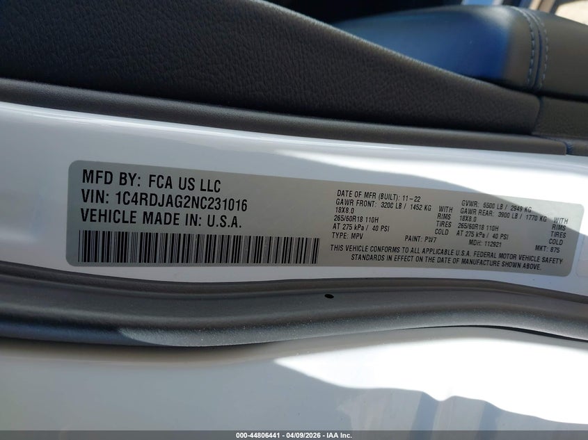 2022 Dodge Durango Sxt Awd VIN: 1C4RDJAG2NC231016 Lot: 44806441