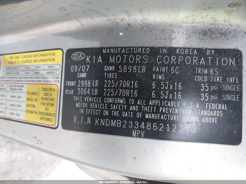 2008 Kia Sedona Lx VIN: KNDMB233486212213 Lot: 44806450