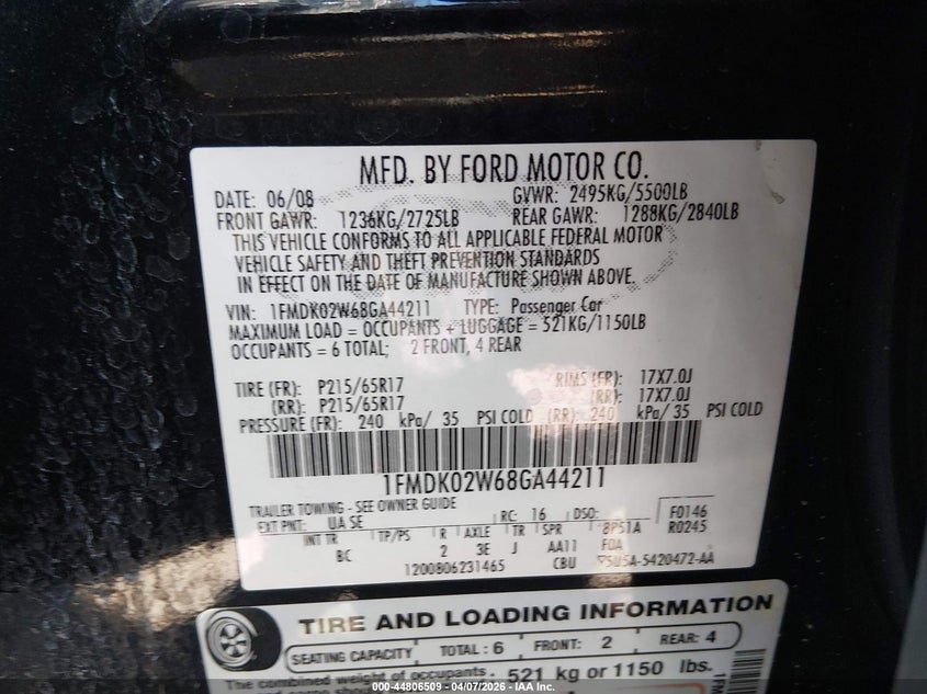 2008 Ford Taurus X Sel VIN: 1FMDK02W68GA44211 Lot: 44806509