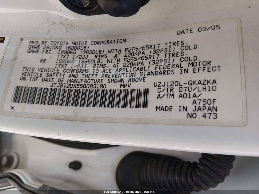 2005 Lexus Gx 470 VIN: JTJBT20X550083180 Lot: 44806510