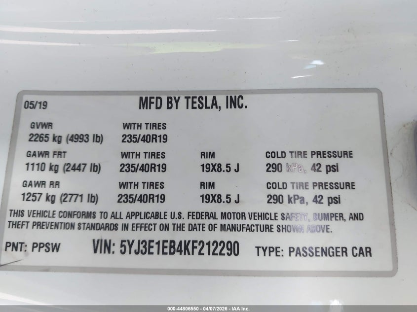 2019 Tesla Model 3 Long Range/Performance white Lot 111044806550 Vin 5YJ3E1EB4KF212290