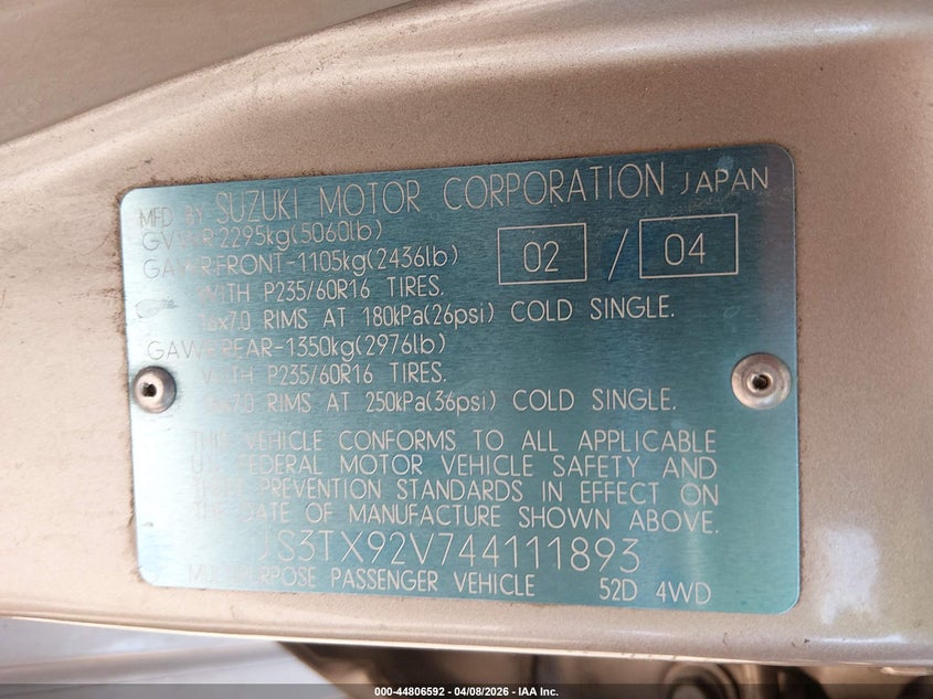 2004 Suzuki Xl-7 Ex/Lx VIN: JS3TX92V744111893 Lot: 44806592