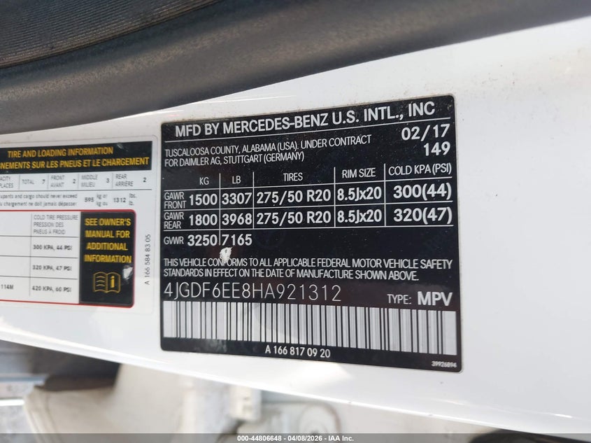 2017 Mercedes-Benz Gls 450 4Matic VIN: 4JGDF6EE8HA921312 Lot: 44806648