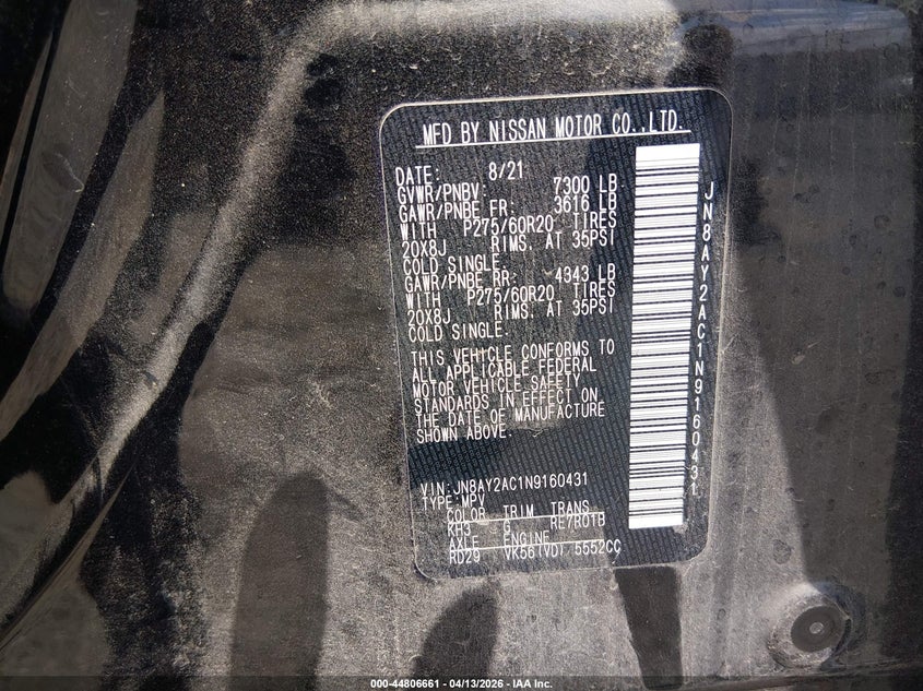 2022 Nissan Armada Sv 2Wd VIN: JN8AY2AC1N9160431 Lot: 44806661