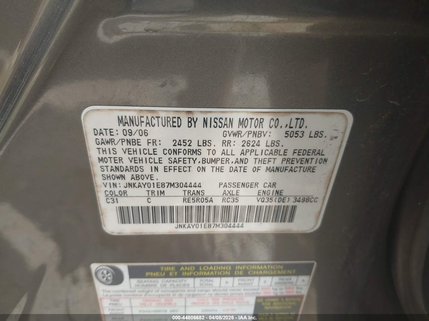 2007 Infiniti M35 VIN: JNKAY01E87M304444 Lot: 44806682