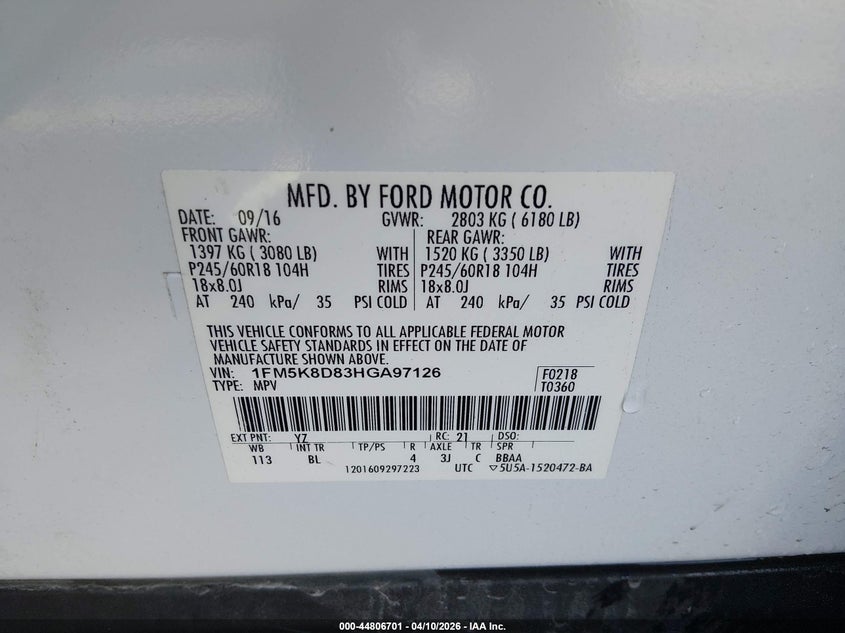 1FM5K8D83HGA97126 2017 Ford Explorer 3.5 Xlt white