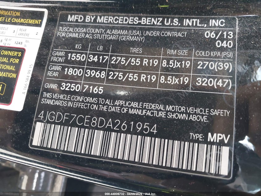 2013 Mercedes-Benz Gl 450 4Matic VIN: 4JGDF7CE8DA261954 Lot: 44806732