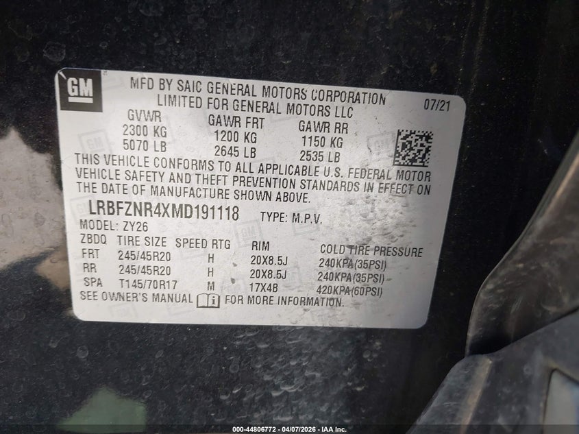 2021 BUICK ENVISION SPORT UTILITY VEHICLE 2.0L I-4 DI, DOHC, VVT, TURBO, 228HP