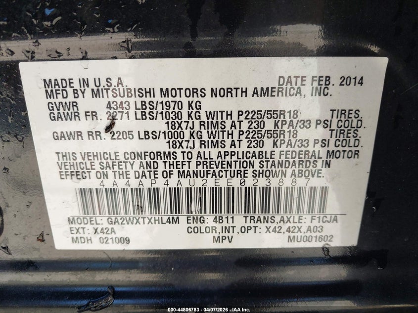 2014 Mitsubishi Outlander Sport Se VIN: 4A4AP4AU2EE023887 Lot: 44806783