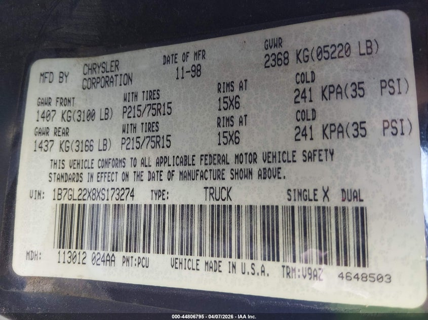 1999 Dodge Dakota Slt/Sport VIN: 1B7GL22X8XS173274 Lot: 44806795