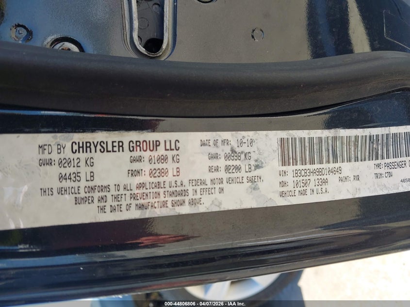 2011 Dodge Caliber Mainstreet VIN: 1B3CB3HA9BD104649 Lot: 44806806