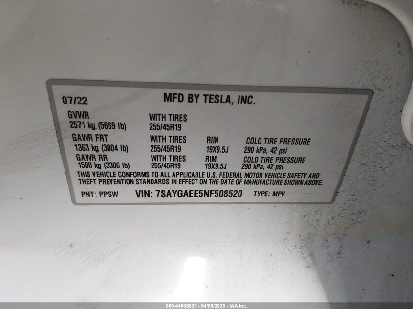 TESLA MODEL Y 2022 VIN 7SAYGAEE5NF508520