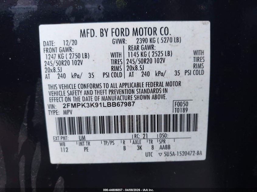 2FMPK3K91LBB67987 2020 Ford Edge 2.0 Titanium black