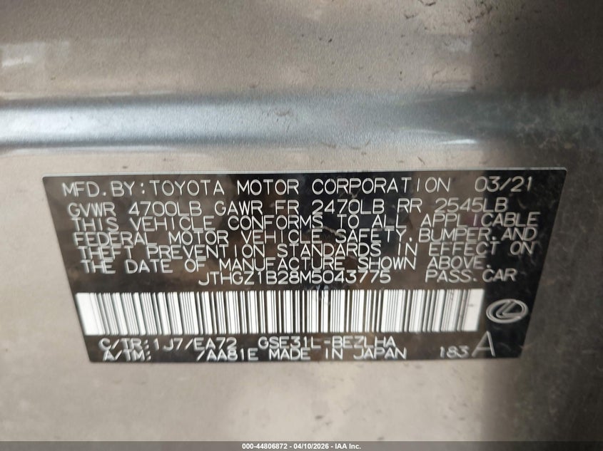 2021 Lexus Is 350 F Sport VIN: JTHGZ1B28M5043775 Lot: 44806872