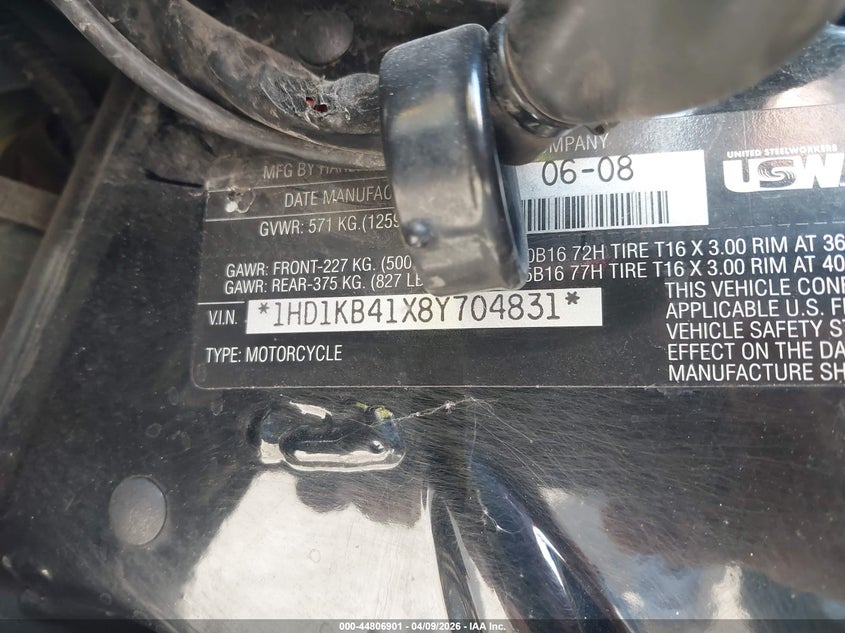 2008 Harley-Davidson Flhx VIN: 1HD1KB41X8Y704831 Lot: 44806901