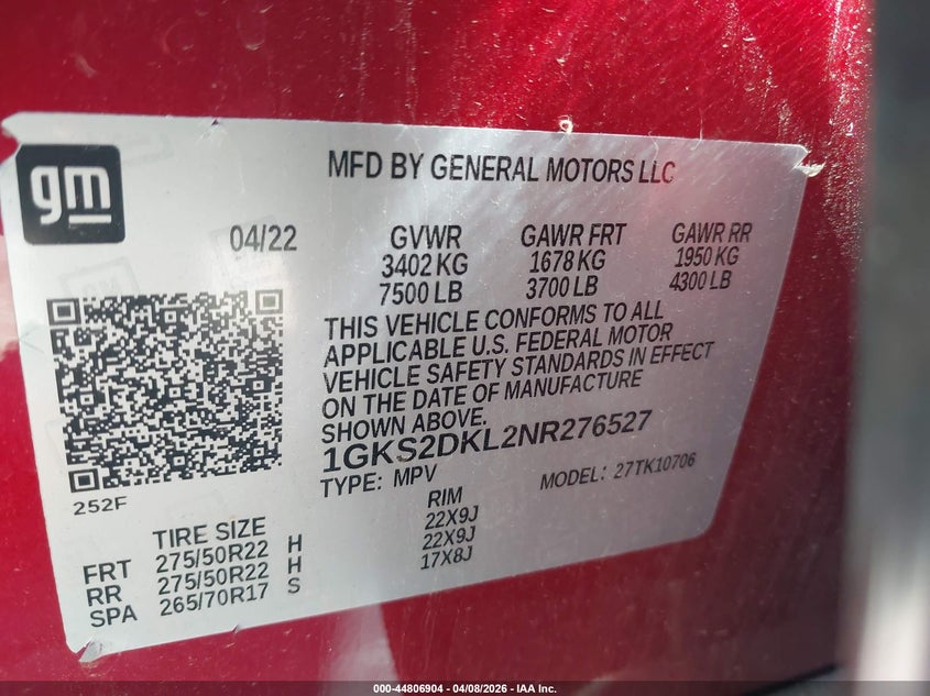 2022 GMC Yukon 4Wd Denali VIN: 1GKS2DKL2NR276527 Lot: 44806904