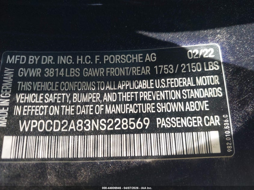 2022 Porsche Boxster 25 Years/Gts 4.0 VIN: WP0CD2A83NS228569 Lot: 44806946