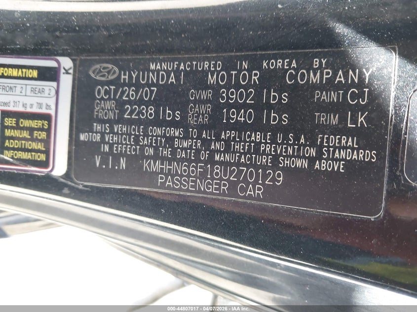 2008 Hyundai Tiburon Gt/Gt Limited/Se VIN: KMHHN66F18U270129 Lot: 44807017