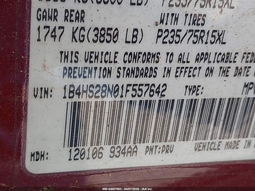 2001 Dodge Durango VIN: 1B4HS28N01F557642 Lot: 44807063