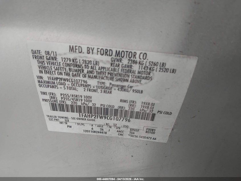 1FAHP2FW9CG107796 2012 Ford Taurus 3.5 Limited silver