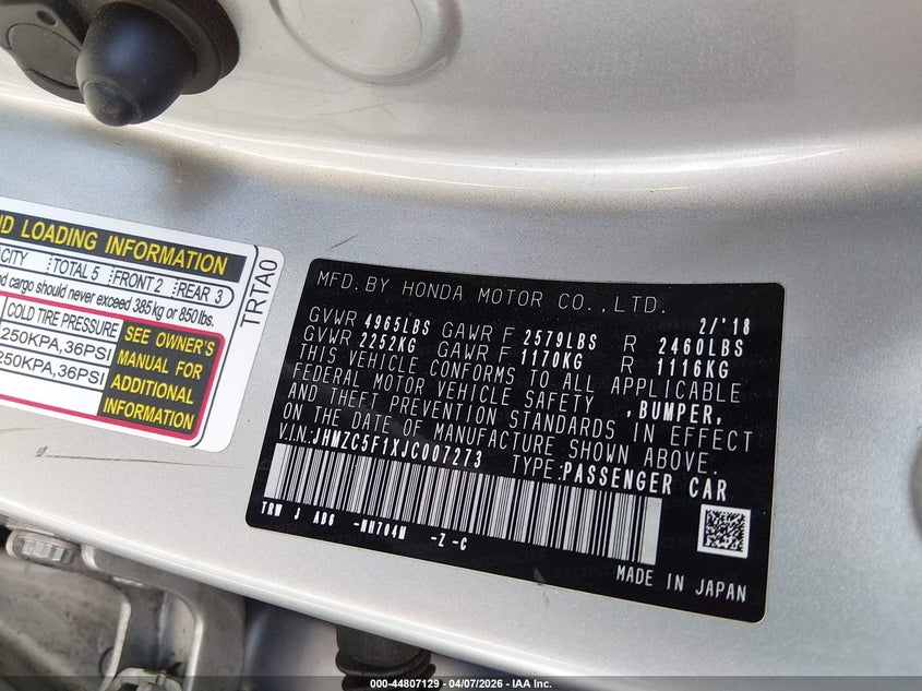 2018 HONDA CLARITY VIN: JHMZC5F1XJC007273